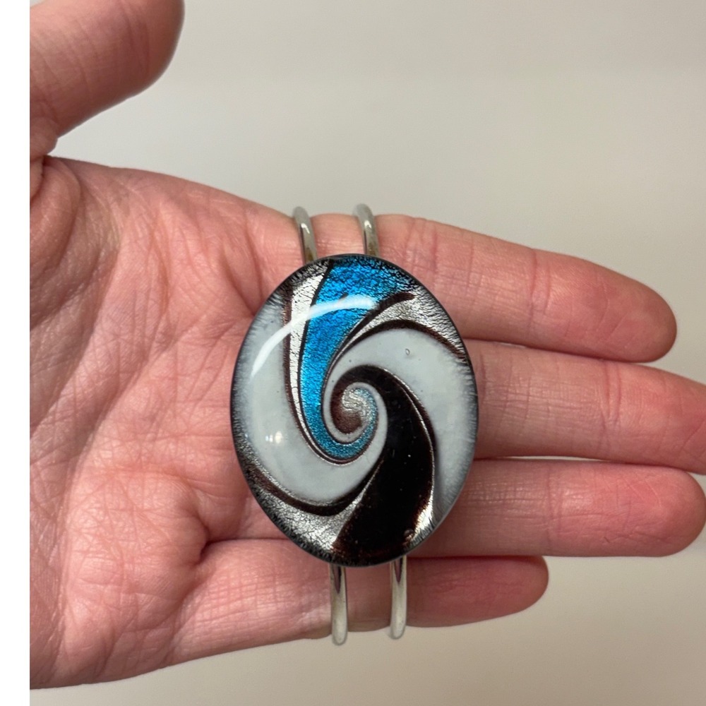 Art Glass Spiral Cuff Bracelet Blue Silver Black Swirl Oval Double Wire Band